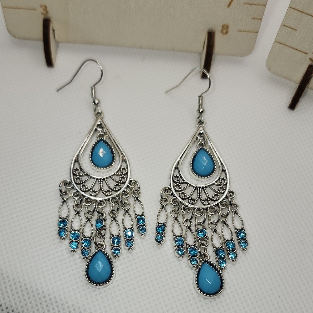 Elegant Silver and Blue Chandelier Earrings